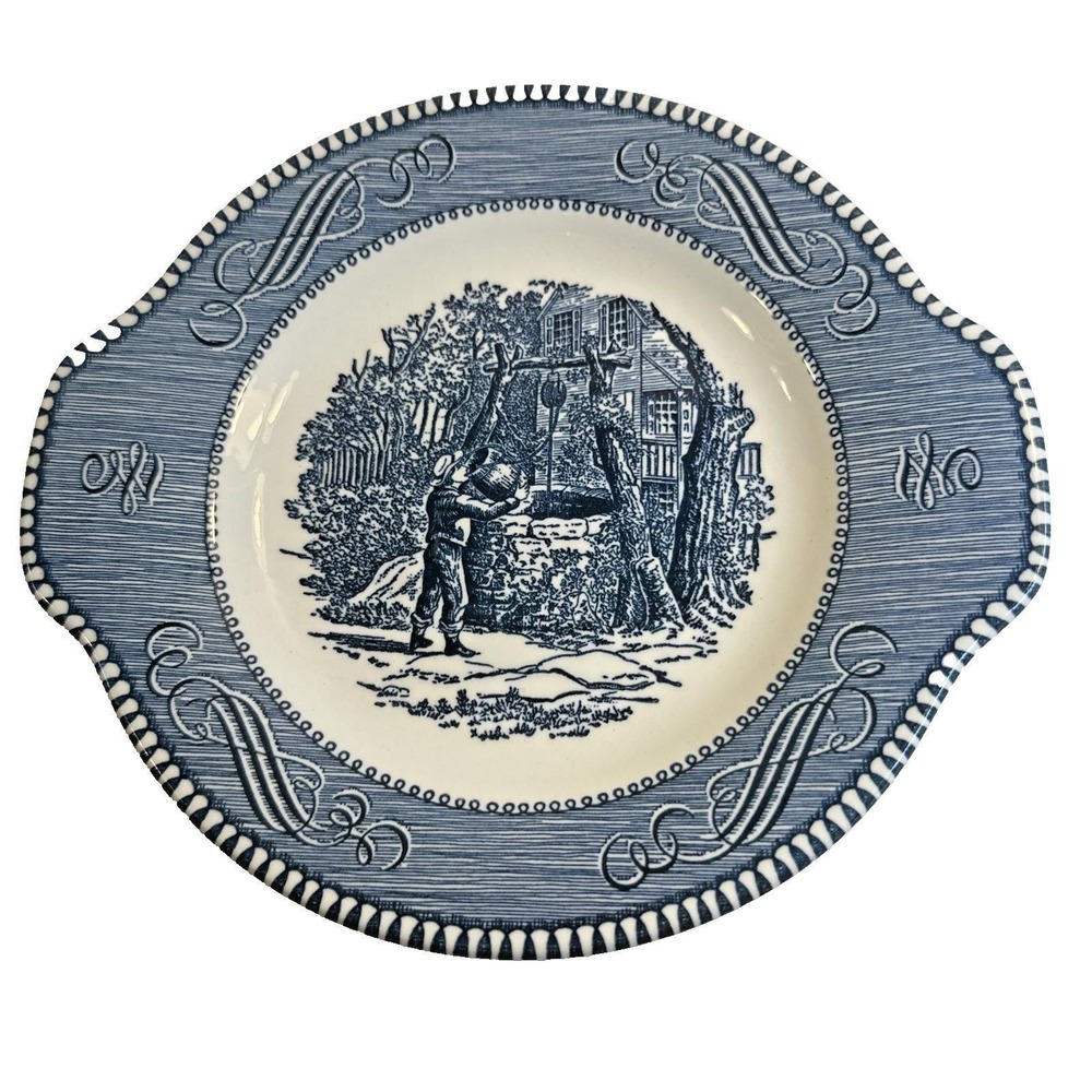 Currier And Ives Royal Blue 8" Lugged Plate Vintage The Old Oaken Bucket